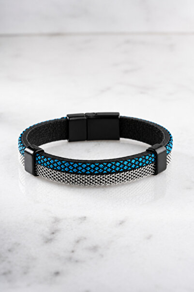 Nereze Chrome Plated Wicker Model Blue Rope Leather Detailed Men's Steel Brac...