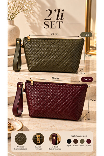 2’li Çanta Örgü Desenli Portföy El Çantası Bilek Askılı Clutch Çanta