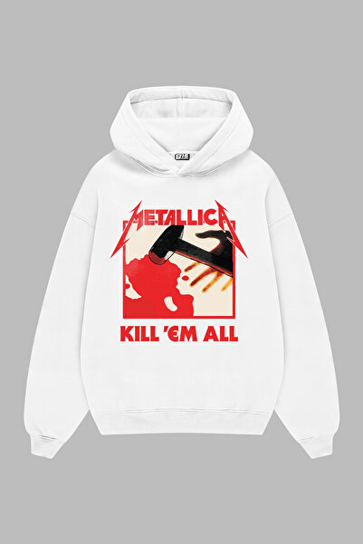 Sekizbiraltı Metallica K.'Em All Printed Oversize White Pocketless Hoodie