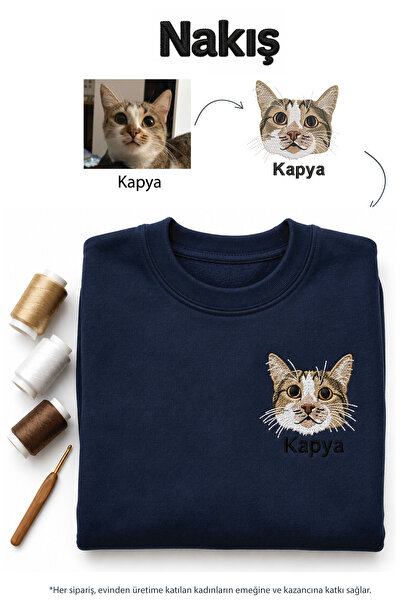 Seay Kişiye Özel Evcil Hayvan Kafa Nakış Sıfır Yaka Lacivert Sweatshirt (Tüm ...