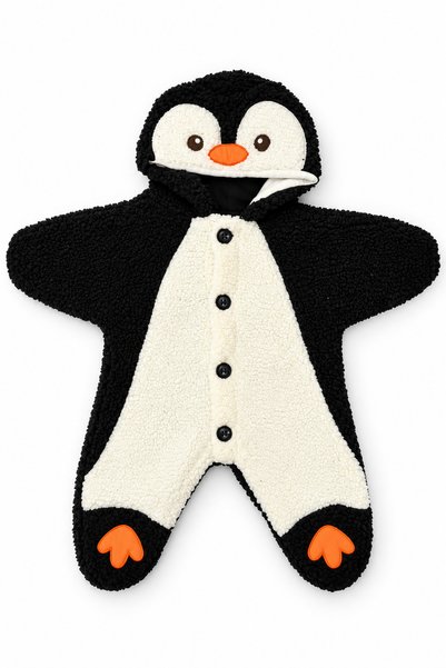 Beniizle Penguen Desenli Peluş Kapüşonlu Bebek Tulumu