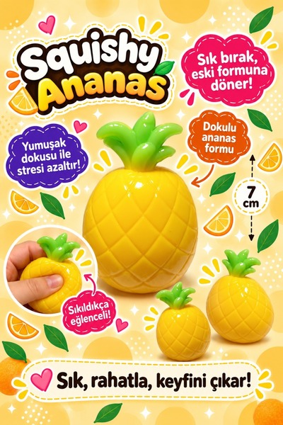Nandy Kids Ananas Sukuşi 7 cm Sukuşi Yumuşak Sık Bırak Stres Oyuncağı Esnek S...