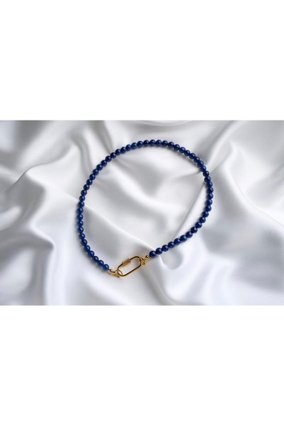 Taşmir Orijinal Lapis Lazuli ve Gold Ataç Kilitli Özel Tasarım Kolye, 8 mm
