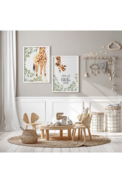 KEYFHOME Set de 2 girafe drăguțe cu rame MDF pictură poster pentru camera beb...