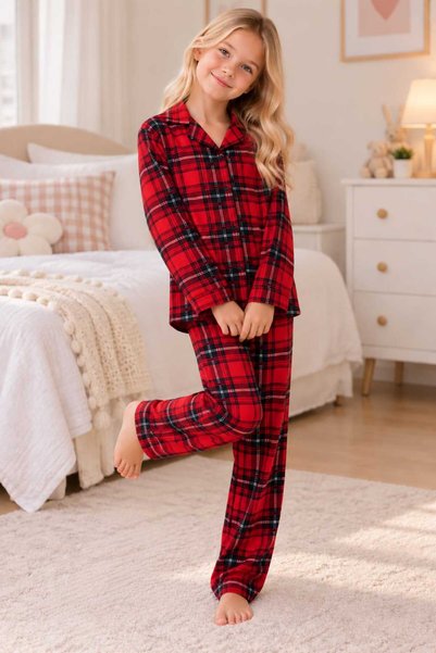 pijamino Girl's Buttoned Long Sleeve Red Plaid Pajama Set