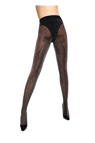 Penti Women's Black Wave Line Glittery Striped Patterned Pantyhose