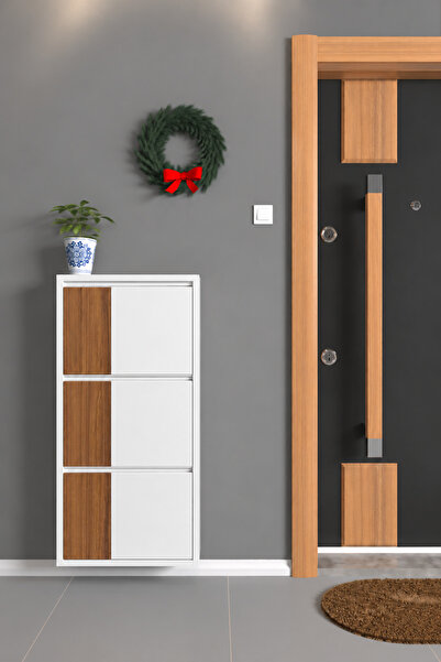 Üçlü Metal Ayakkabılık Beyaz Ahşaplı Abd Ceviz Mdf Dikey