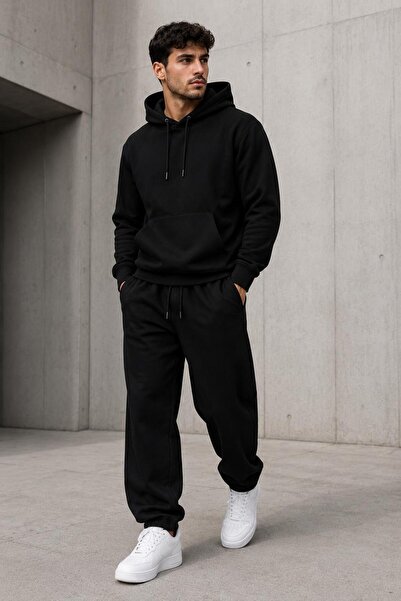 ASHEY 3 İp Siyah Erkek Kışlık Kapüşonlu Kanguru Cepli Sweatshirt Paça Lastikl...