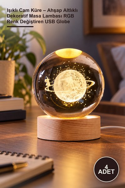 Yenilig 4 Pieces of Lighted Glass Globes – Decorative Table Lamp with Wooden ...