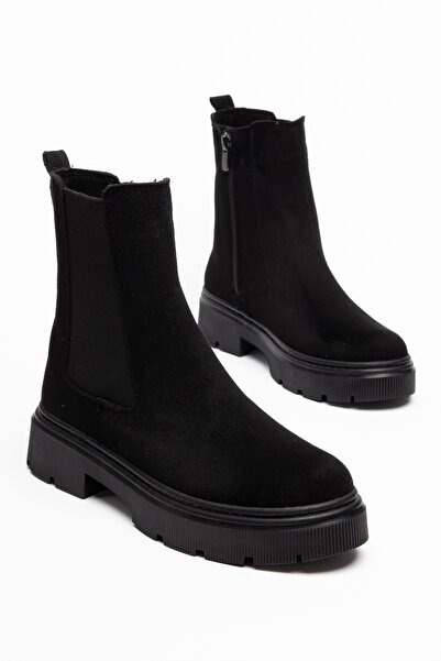 ALFHA Women's Black Suede Chelsea Boots Thick Soled Zippered Winter Casual St...