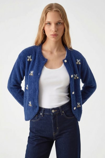 soft&basic Stone Embellished Soft Fuzzy Knitwear Buttoned Cardigan