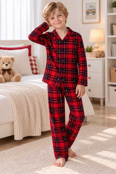 pijamino Boy Plaid Pattern Buttoned Long Sleeve Suede Pajama Set