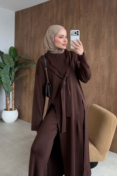 Şule Giyim Lafeza Scarf Detail Mercerized Suit Brown