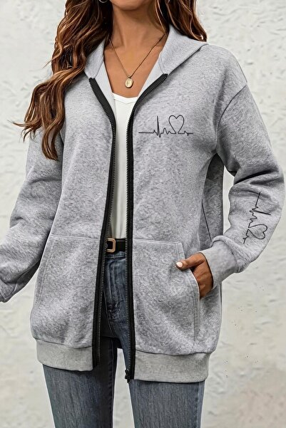 Oksit Fr Kalp Ritmi Baskılı İki İplik Fermuarlı Kapüşonlu Sweatshirt Hırka - ...
