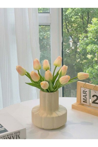 Generic 10-Piece Artificial Champagne Tulip Flower with Plastic Vase for Home...