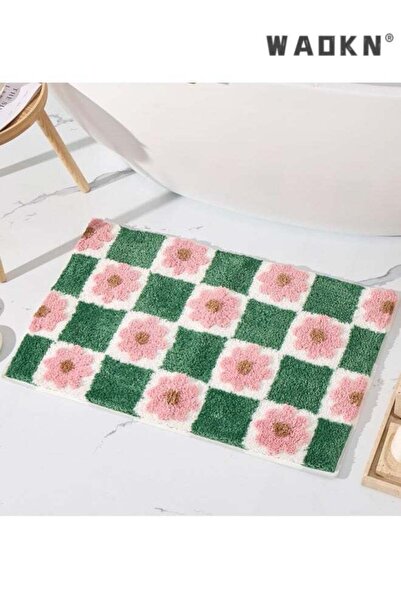 Generic Cute Green Bathroom Rug Checkered Pink Floral Bath Mat Soft Microfibe...