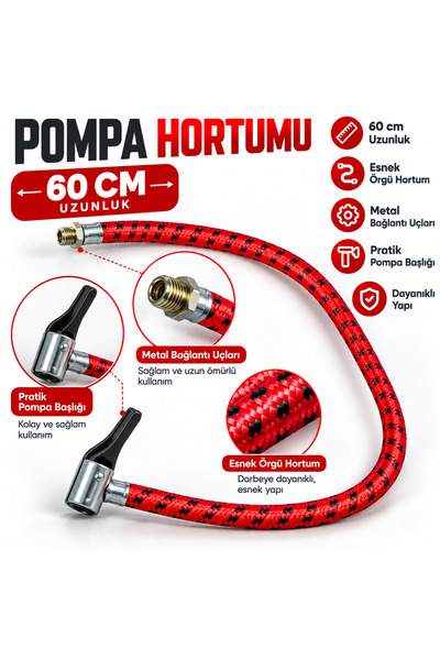 60 cm Örgülü Bisiklet Pompa Hortumu - Metal Bağlantı Uçlu & Mandallı Şişirme Hortumu