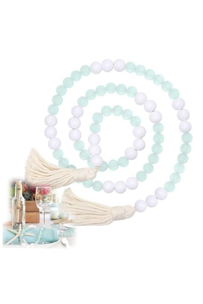 Generic Boho Wooden Beads Garland with Tassels, 1 Pcs White & Frosted Aqua Ac...