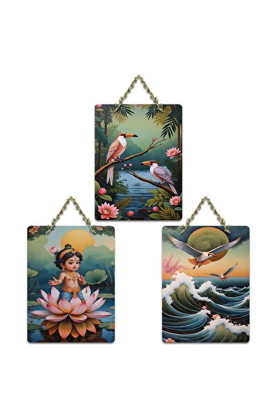 Generic ARS® Sacred Baby Krishna With Lotus & Birds Wooden Wall Hanger - Set ...