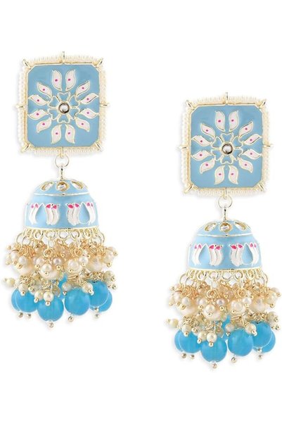 ZAVERI PEARLS أقراط جومكي زرقاء فيروزية مزينة بالمينا والكوندان والخرز للنساء...
