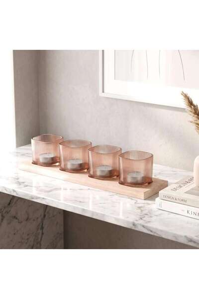 Generic Ambrose Wood Set 5 Candle Holders with Tray 38x9.9x1.4cmcm - Amber - ...