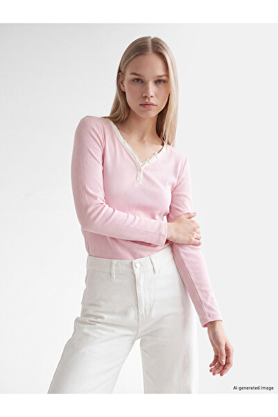 LC Waikiki Two Mt Shop Quality Natuvera Pink Interlock Plain V-Neck Long Slee...