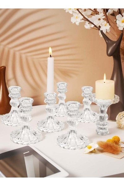 Generic Set of 6 Clear Glass Taper Candlestick Holders, Decorative Candle Sta...