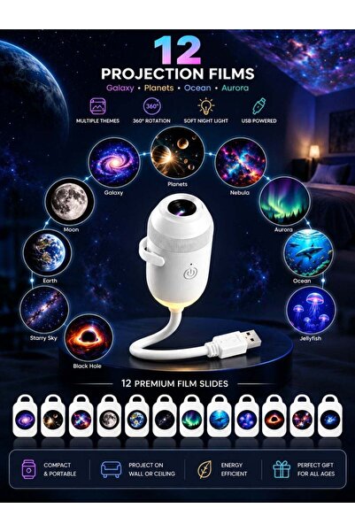 Generic Galaxy & Ocean Projector Light with 12 Film Slides – USB Powered Mini...