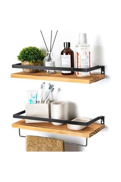 Generic Wall Mounted Floating Shelves with Towel Bar, Set of 2 Carbonized Bla...