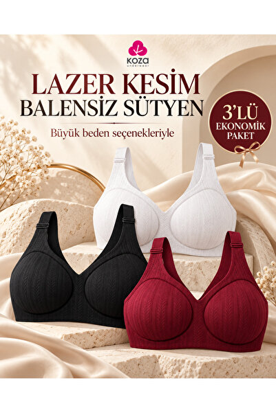 koza iç giyim 3LÜ Ekonomik Paket Lazer Kesim Balensiz Sütyen - Büyük Beden Se...