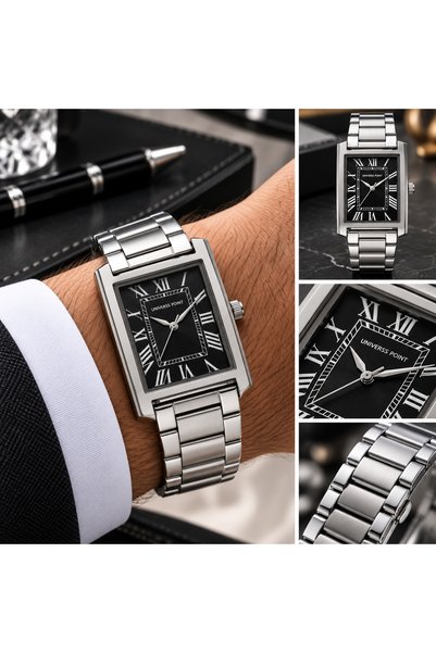 Generic Brand ساعة UNIVERSS POINT فضية بمينا أسود وأرقام رومانية LOOSTER TIME