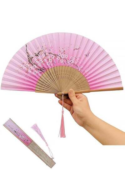 Generic Rose Pink Folding Hand Fan Handheld Chinese Folding Fan Vintage Foldi...