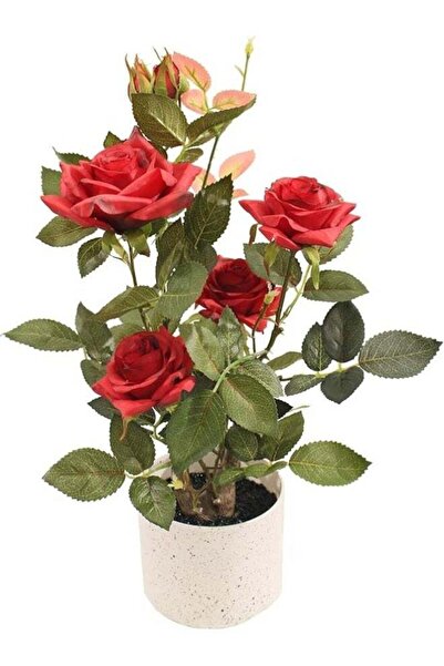 Generic Artificial Red Rose Plant in White Ceramic Pot, Silk Flowers with Gre...