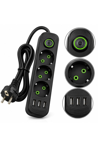Generic Brand Πολύπριζο 3 πρίζες σούκο, 3 θύρες USB, διακόπτης ON/OFF, 2500W,...