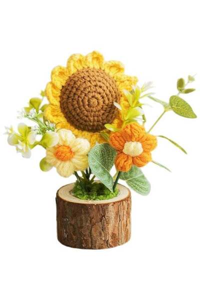 Generic Handmade Crochet Sunflower Flower in Wooden Pot, Mini Knit Plants for...