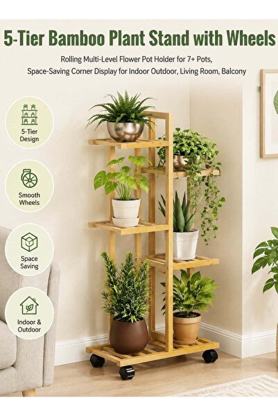 Generic 5-Tier Bamboo Plant Stand with Wheels, Rolling Multi-Level Flower Pot...