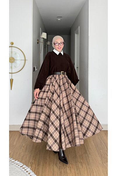 NİLNUR MODA Yeni Sezon Kadın Duble Kloş Ekose Trend Etek Beli Lastikli