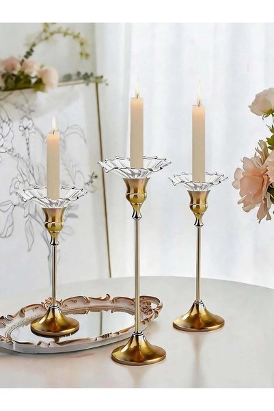 Generic Elegant Premium Gold Candlestick Holders with Petal-Shaped Glass Wax ...