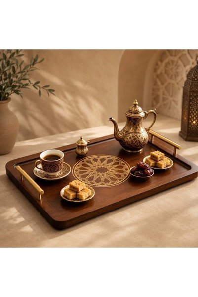 Generic Decorative Serving Tray With Gold-Tone Handles, 40 x 30 cm, Arabic Ge...