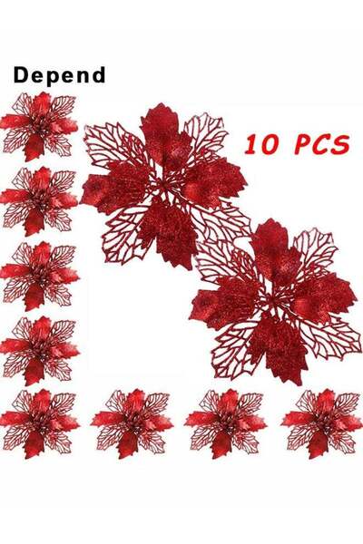 Generic Glitter Poinsettia Flowers Artificial, 10 PCS Red Decorations Tree Or...
