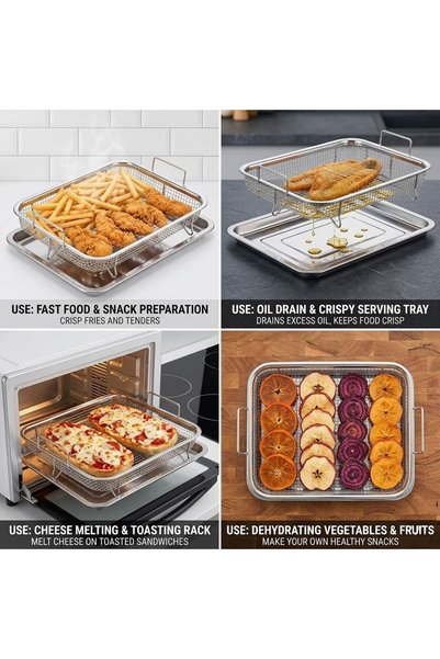Smart Kitchen Air Fryer Basket for Oven Stainless Steel with Crisper Tray Set for Café and Food Stall Use, Mesh Rack for Batch Cooking Fries Nuggets Chicken, BBQ Grill Baking Tray Dishwasher Safe
