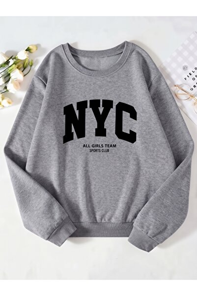 one button Unisex Women/Men Nyc Detail Printed Crew Neck Oversize Wide Fit Sw...