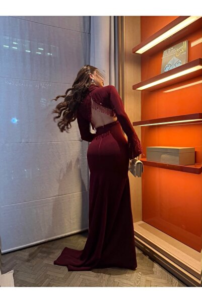 Bamah Long Burgundy Evening Gown with a Sleek Silhouette and Long Sleeves, Fe...