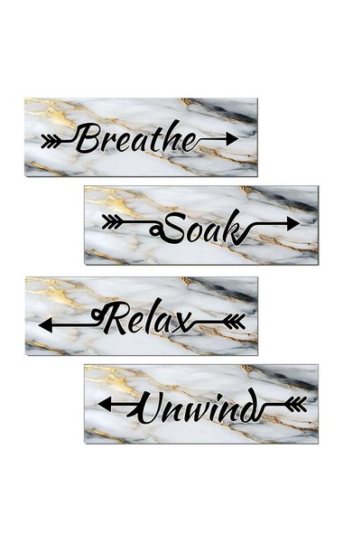 Generic ARS® 4 Pieces White Gold Marble Bathroom Wall Art - Relax, Soak, Unwi...