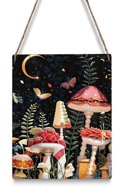 Generic ARS Red Mushroom & Moon Boho Wooden Door Sign - Rustic Hanging Welcom...