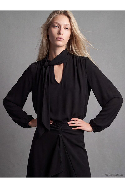 LC Waikiki Two Mt Shop Quality Lcw Vision Black Crepe Plain Tie Collar Long S...