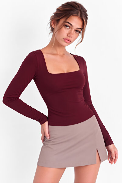 OLYNN Kadın Bordo Kare Yaka Uzun Kollu Çift Kat Premium Soft Modal Pamuk Bluz