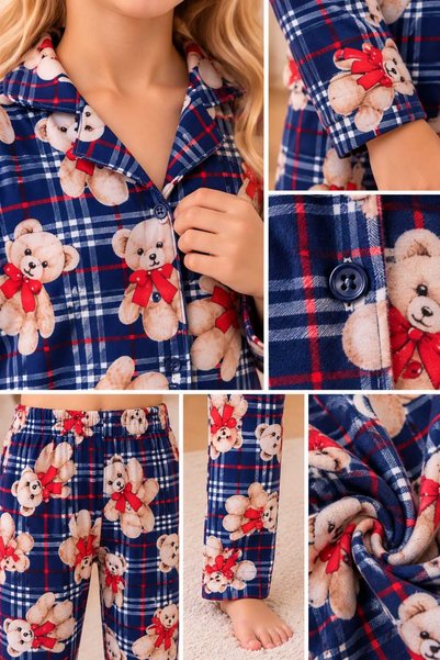 pijamino Girl's Buttoned Long Sleeve Navy Blue Suede Pajama Set