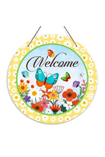 Generic Welcome Door Sign, Spring Flowers and Butterflies Spring Decor Wooden...