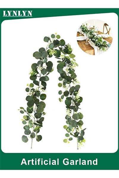 Generic Artificial Eucalyptus Garland with White Flowers, Realistic Faux Gree...